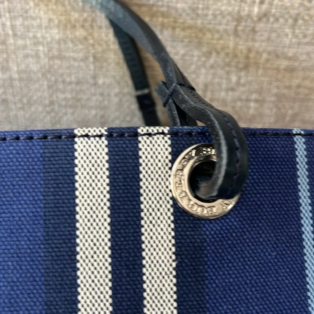 Burberry Navy Blue Striped Tote with Black Leather Pocket - Picture 3 of 12